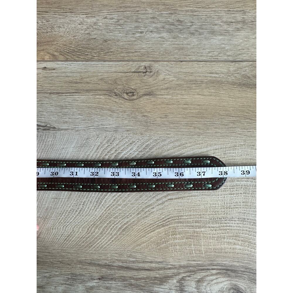 American Eagle Vintage Leather and Green Contrast Stitch Belt Brown S - Picture 11 of 11